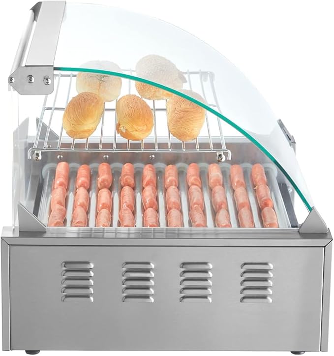 VEVOR Hot Dog Roller, 11 Rollers 30 Hot Dogs Capacity, 1650W Stainless Sausage Grill Cooker Machine with Dual Temp Control Glass Hood Acrylic Cover Bun Warmer Shelf Removable Drip Tray, ETL Certified