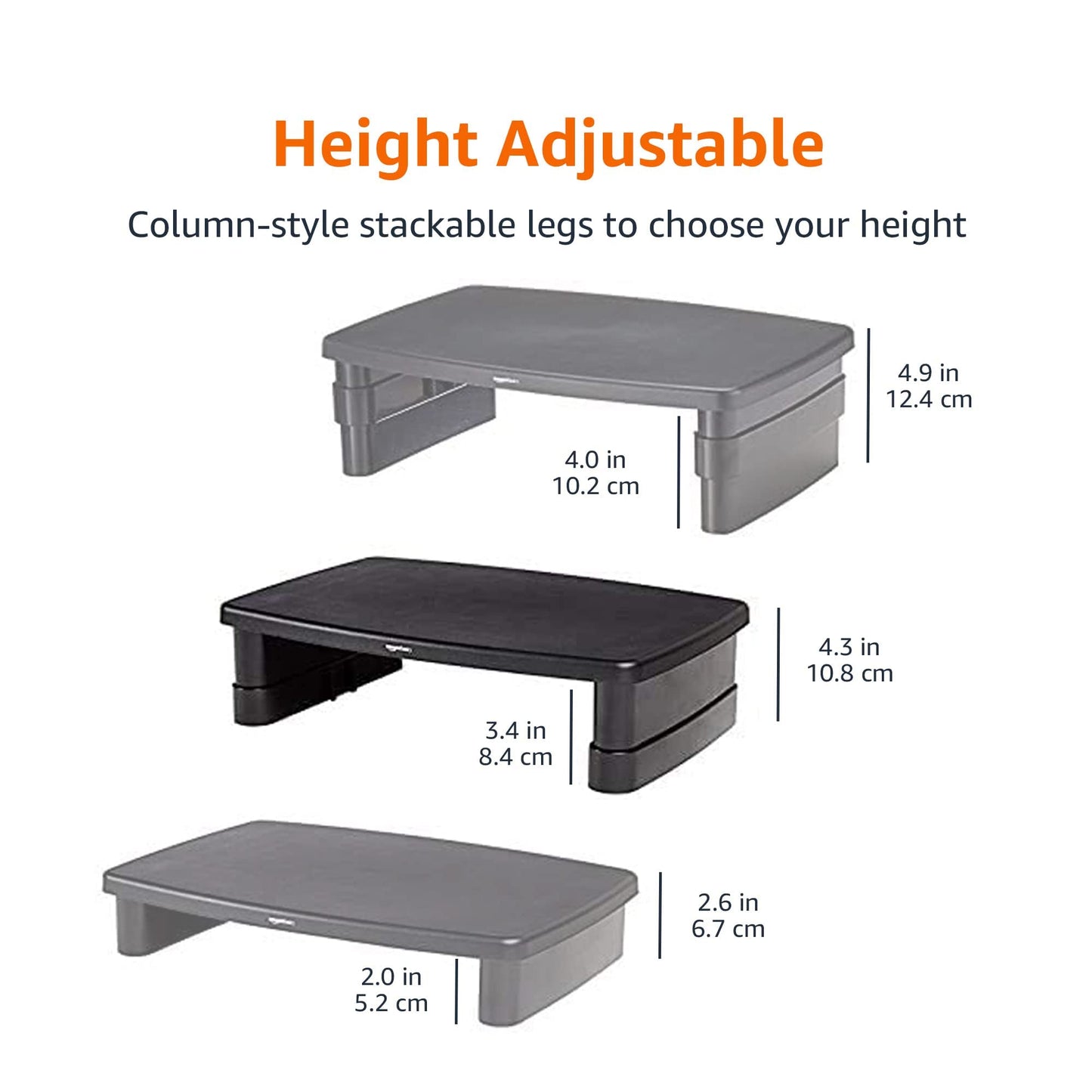 Amazon Basics Height Adjustable Monitor Stand Riser with Storage Organizer, Multifunctional Desk Accessories for Reduced Neck Strain - Fits Monitors, Laptops Up to 22lbs, Black