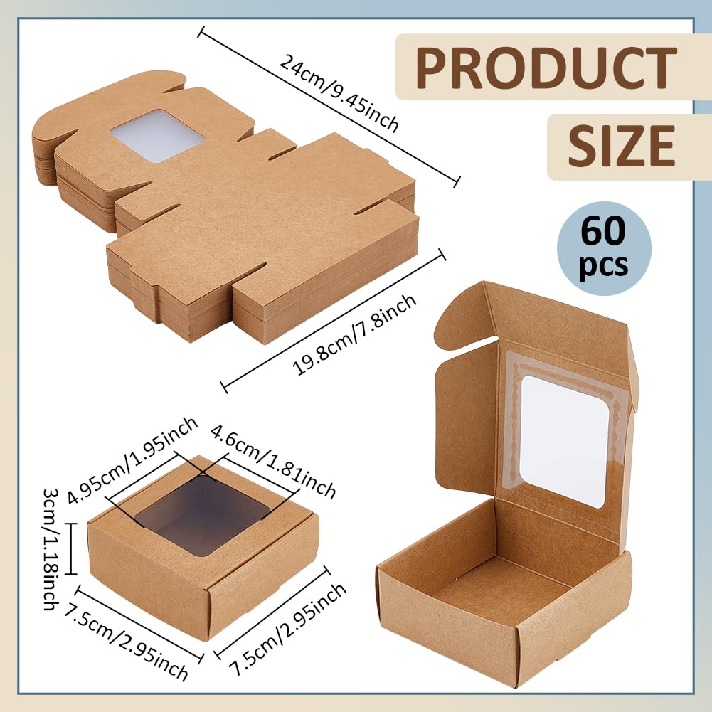 BENECREAT 60 Pack Square Clear Window Box, Brown Kraft Paper Container Party Favor Packaging Boxes, 3x3x1.2inch Foldable Design with Visible PVC Window for Wedding Treats & Crafts
