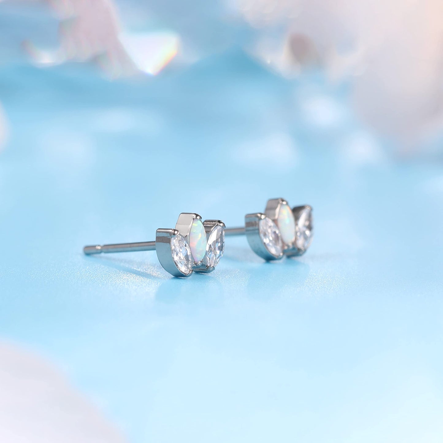 limerencia Hypoallergenic G23 Pure Titanium Earrings | Crown Cubic Zirconia | F136 Implant Grade Piercing Studs| Suitable for Sensitive Ears Delicate Jewelry (White Opal + White CZ)
