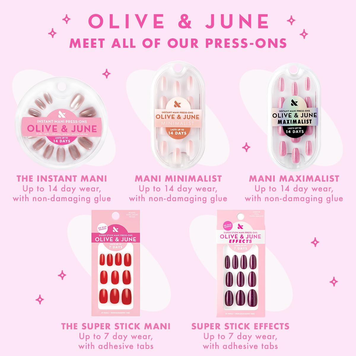 Olive & June Maximalist Instant Mani Press-On Nails (Glue) | 42 Fake Nails, 21 Sizes | Non-Toxic, Long-Lasting Big, Bold Gorgeous Realistic Look | Salon-Quality at Home | Medium, Coffin | Rose Velvet