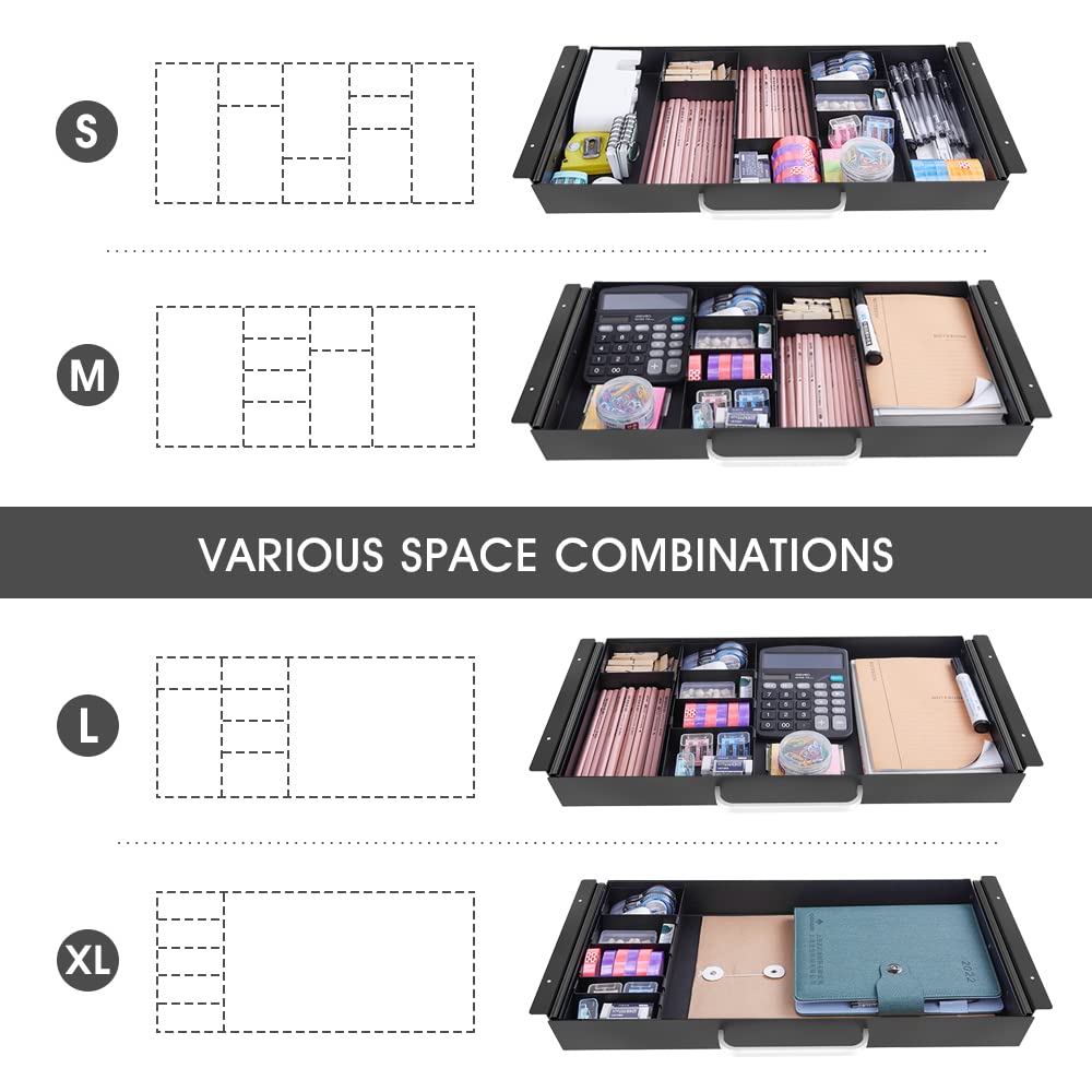 GOME Large Size Under Desk Slide out Pencil Drawer with Adjustable Space Divider Design for Storing Pencil and Office Accessories, Underdesk Pull out Tray Organizer Mounted for Sit Stand Workstation