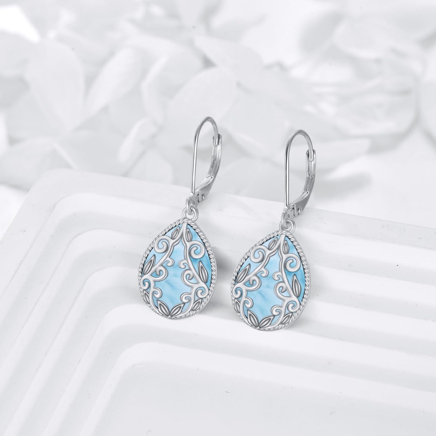 Larimar Earrings Sterling Silver Filigree Teardrop Boho Dangle Earrings Jewelry Gifts for Women
