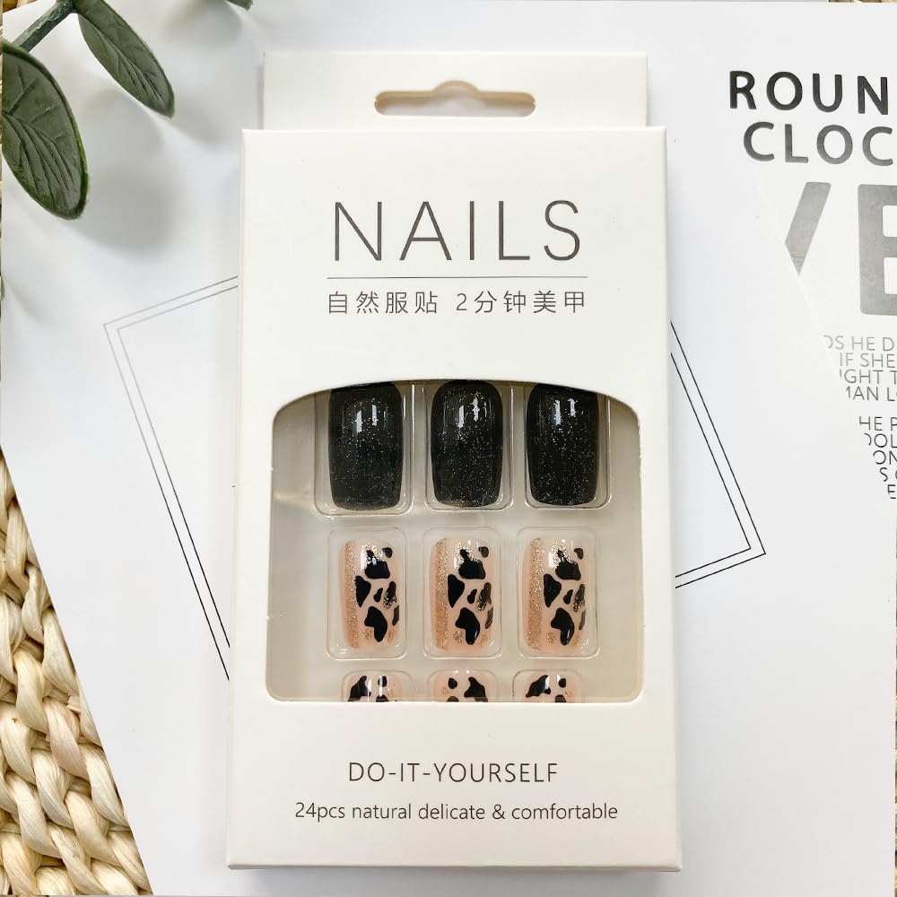Black Press on Nails Short Square Fake Nails Full Cover False Nails with Gel Glossy Glue on Nails Cute Acrylic Stick on Nails Reusable Artificial Nails for Women Manicure 24 Pcs