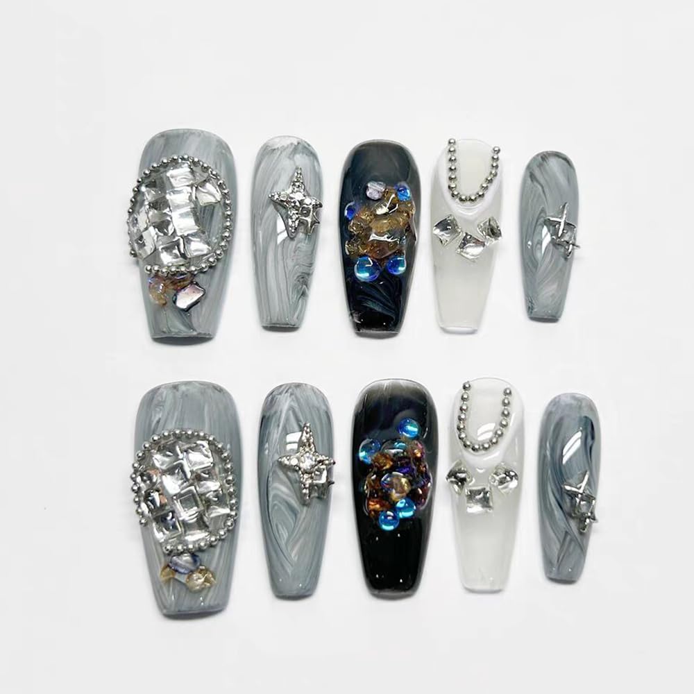 LIFOOST Long Coffin Press on Nails Handmade False Nails with Full Diamond Designs, Grey Y2k Luxury Reusable Fake Nails Stick on Nail, Size Small