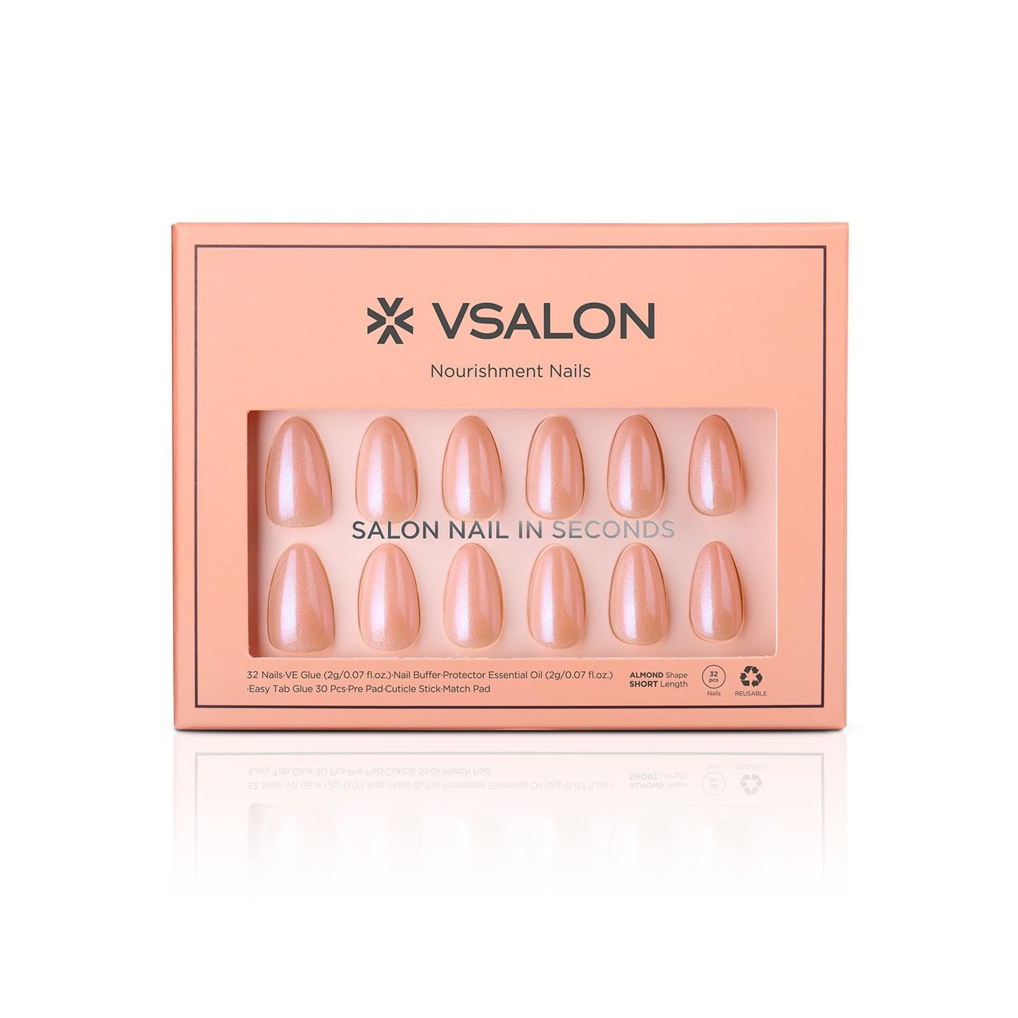 VSALON Short Almond Press On Nails, Pink Shimmer Neutral Fake Nails With UV Cure Glue, Glossy Glazed Opaque Spring Summer Stick On Nails False Nails - 32 Pcs 16 Sizes
