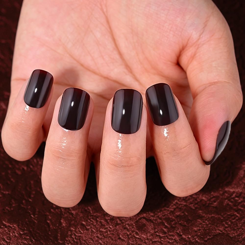 evpct Dark Coffee Glossy Squoval Short Press on Nails for Women, Coffee Extra Short Squoval No Glue Stick on Nails with Kit, Reusable Full Cover Soft Press on Fake Nail Salon-quality Perfectly Fit