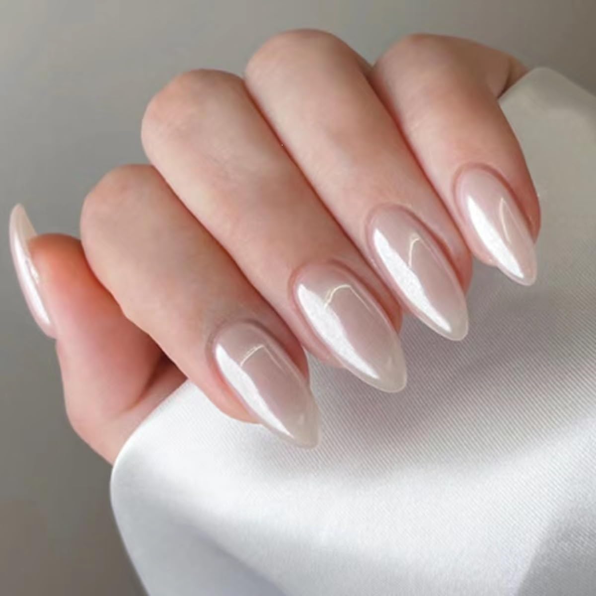 CTTHNBD Press on Nails Almond - Medium Fake Nails with Aurora Design - White Full Cover Stick on False Nails - for Women 24 Pcs