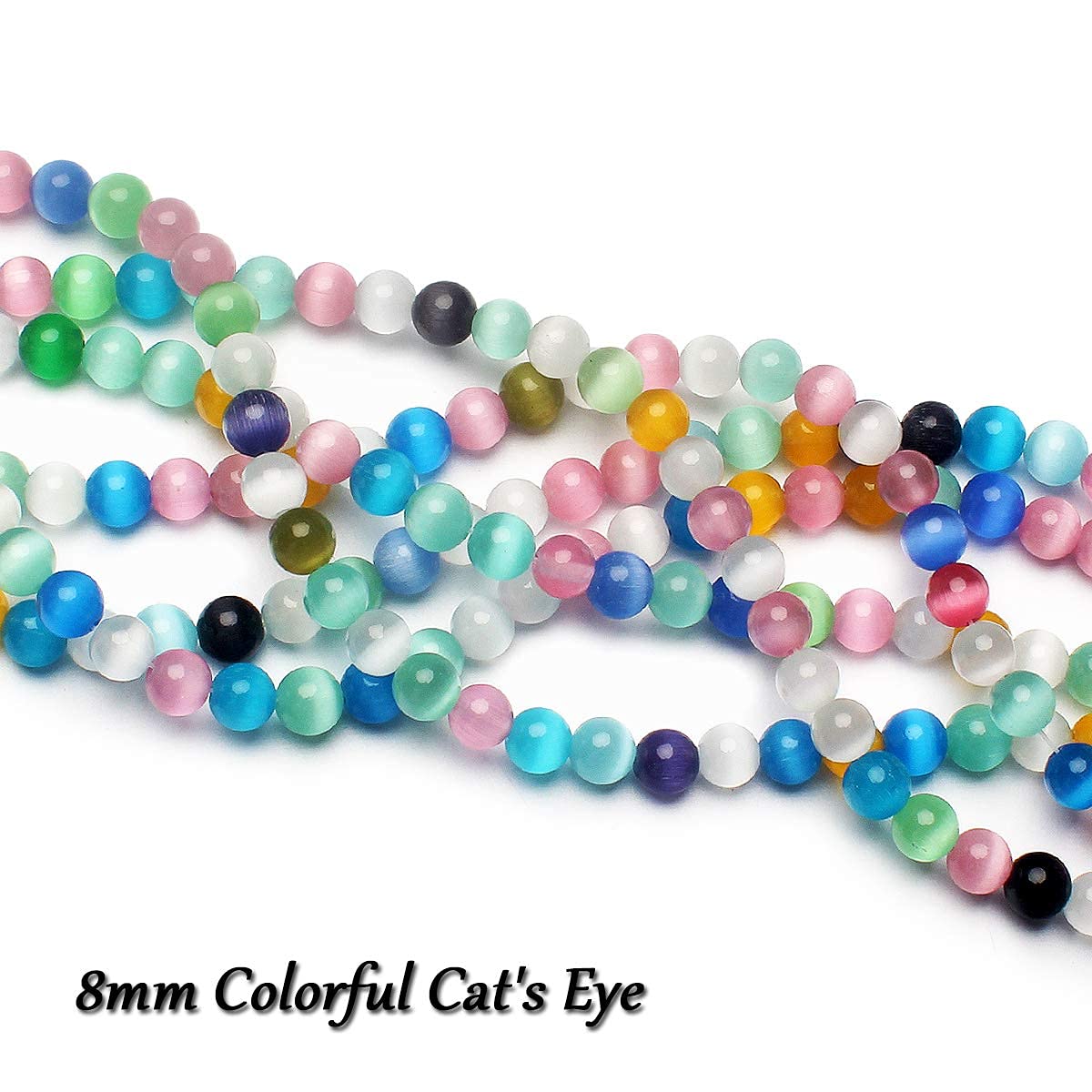 70PCS Natural 8MM Healing Gemstone, Synthetic Cat’s Eye Energy Stone Round Loose Beads, Semi-Precious Crystal Beads with Free Elastic String for Jewelry Making DIY