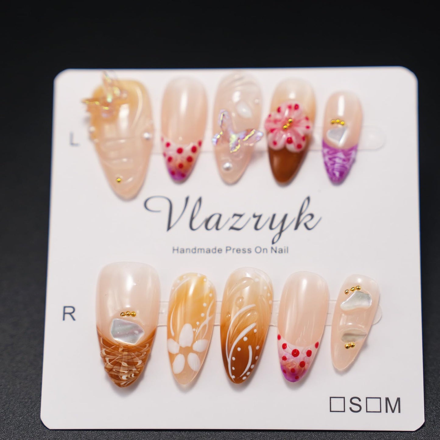 Handmade Press-On Nails – Medium Almond French Tip 3D Butterfly & Brown gradient Flowers Nails,Salon-Quality Reusable Fake Nails,Handcrafted Multi-Layer Gel & Acrylic Nails M SIZE