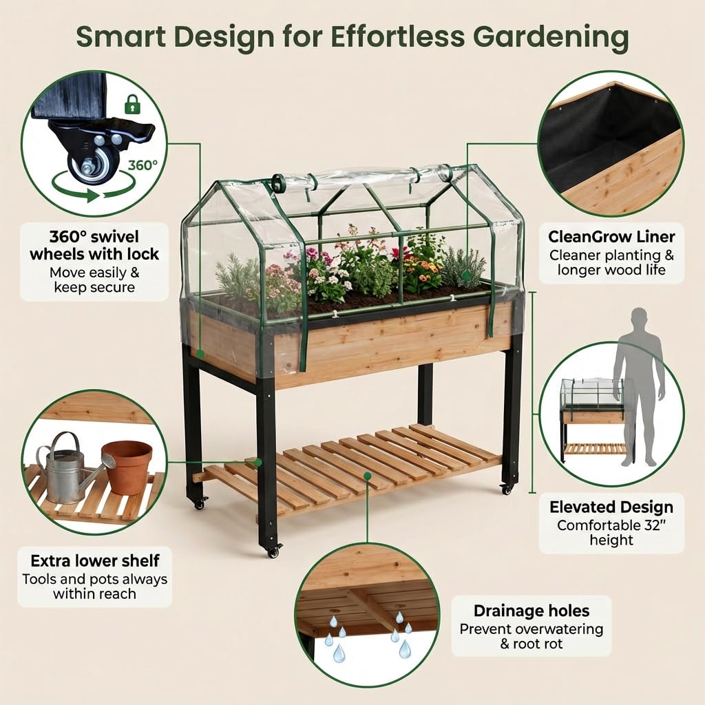 GOJ Raised Garden Bed Wood 48x24x32 inch with Greenhouse & Lockable Wheels - Elevated Wood Planter Box for Outdoors Vegetable Flower Bed Herb Planter - 400 lbs Capacity