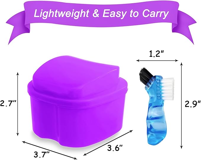 Colorful Denture Bath Case with Brush, Denture Cup Soaking Holder False Teeth Container Mouth Guard Storage Case Cleaning with Lid Waterproof - Purple