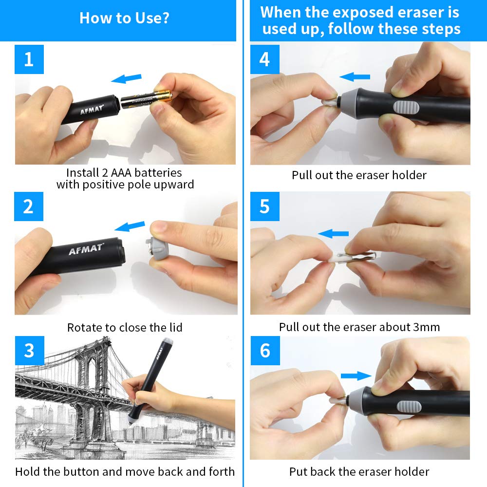 AFMAT Battery Operated Pencil Eraser for Sketching Pencils/Drafting/Drawing/Graphite Pencils, Couture Creations Creative Detailer Tool, AFMAT Electric Eraser Kit for Artists, 140 Refills EEB01