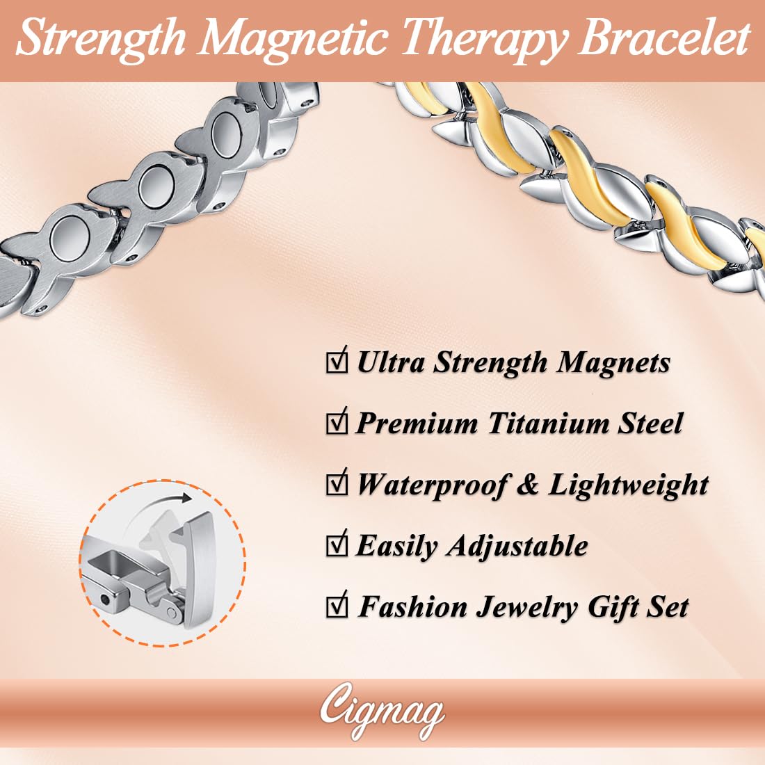 Cigmag Magnetic Bracelets for Women, Titanium Steel Premium Ultra Strength Magnets,Waterproof and Adjustable
