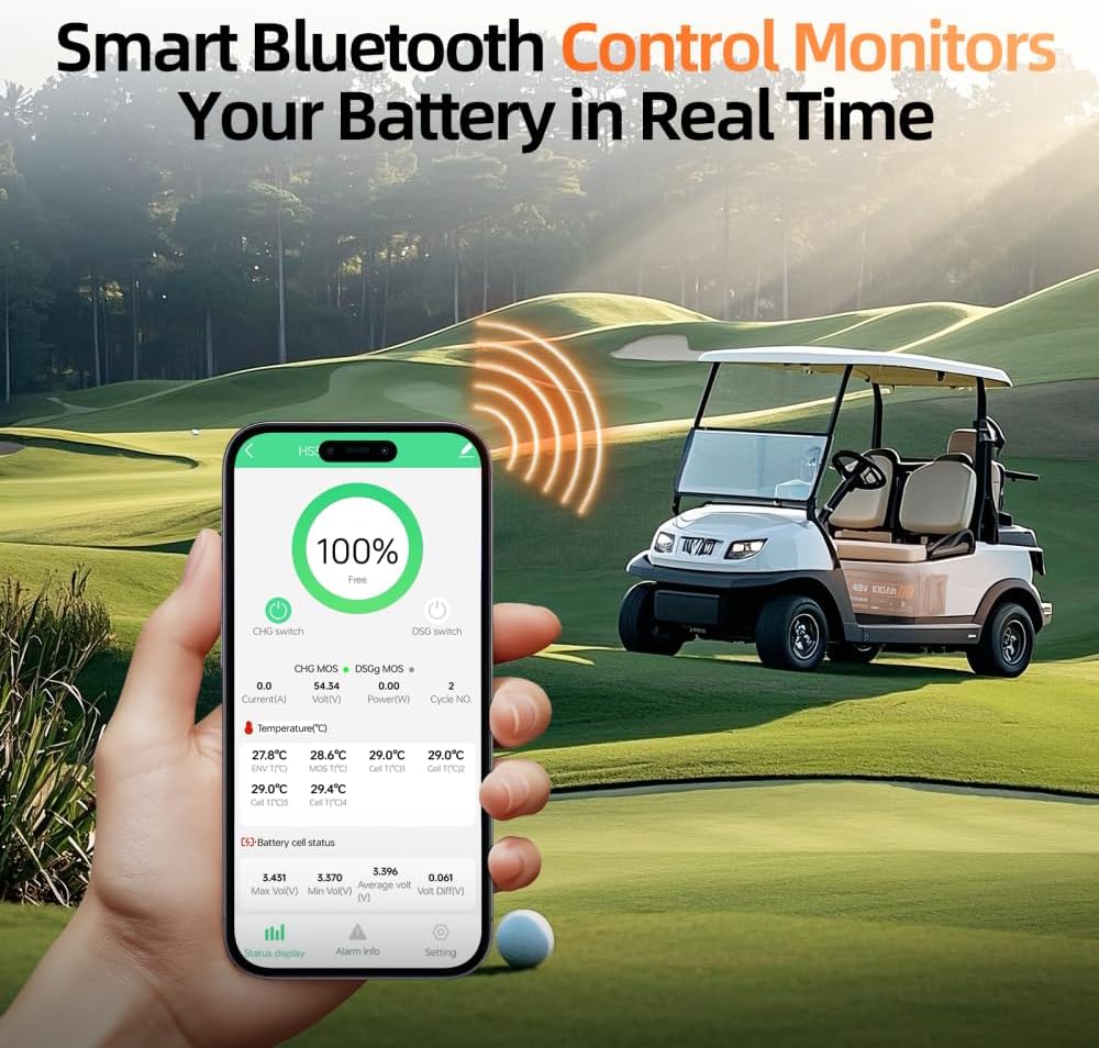 2PCS 48V Lithium Battery for Golf Cart with 48 Volt 15A Charger, Lifepo4 Batterys Built-in Bluetooth 5.0 & 200A BMS, 15000+ Deep Cycle Lithium Battery, 42-58 Mile Ranges for Golf Cart
