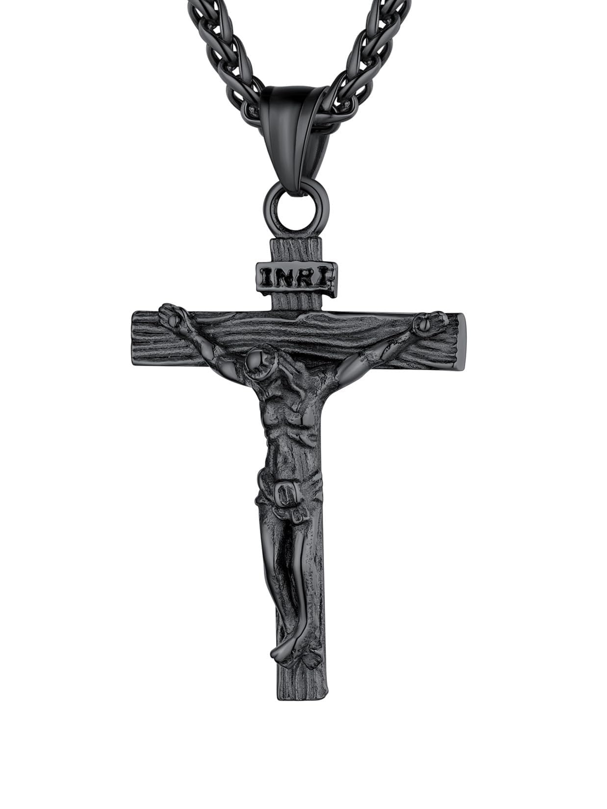 U7 Crucifix Cross Necklace Stainless Steel Crucifix Necklace Black Cross Pendant for Men with Rope Chain 22"(Black)