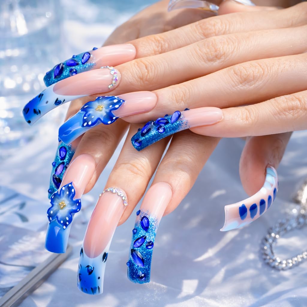 IntoVibes Handmade Curved Press On Nails, 10 Pcs Long Pink Blue Gradient Acrylic False Nails with 3D Flower and Rhinestones (L)