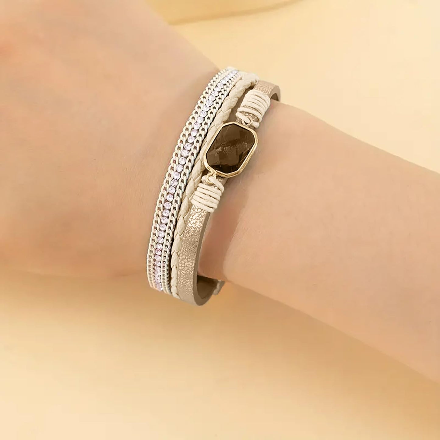 Leopard Bracelet for Women, Boho Leather Wrap Multi-Layer Pearl Crystal Bracelet Bangle Jewelry(Square Crystal(Beige))