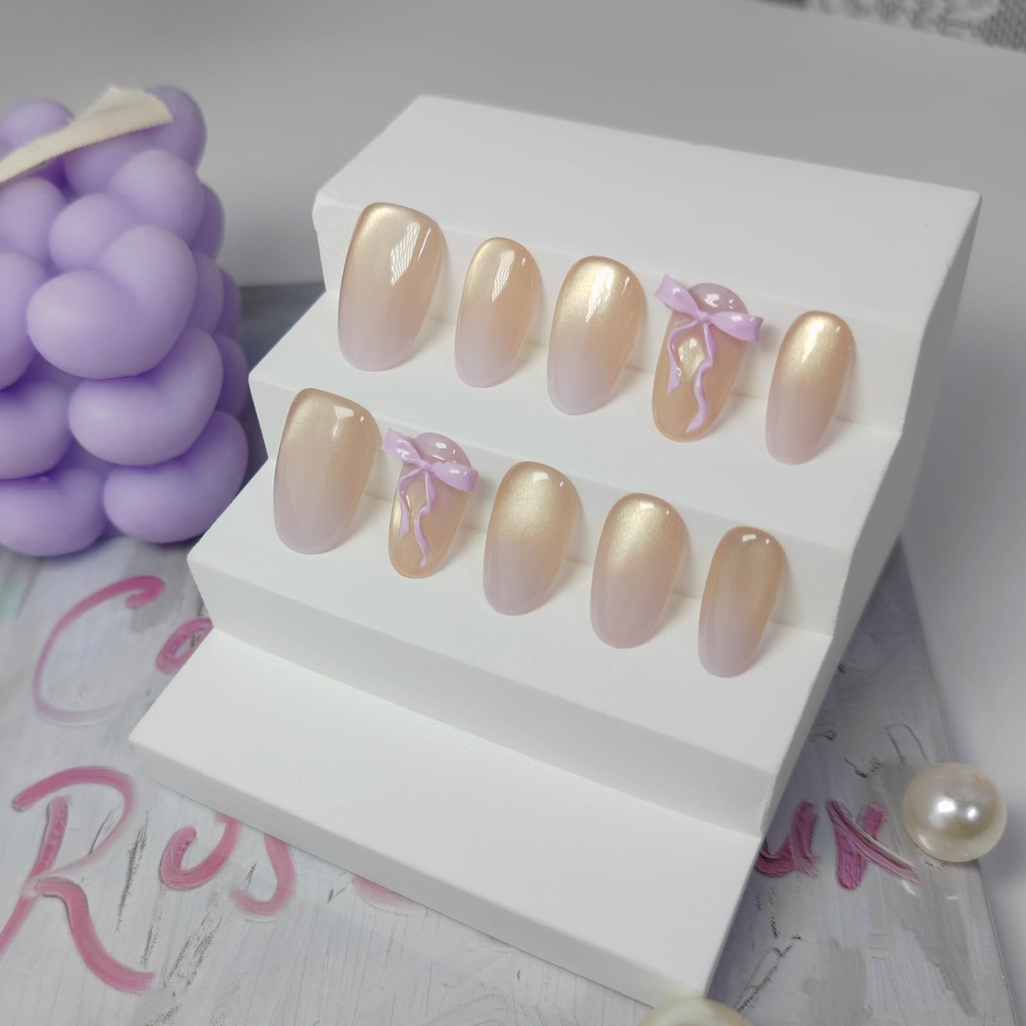 Short/Medium Oval Nails Handmade Glitter Press on Nails with Designs, Cat Eye/Aurora Women Reusable False Nails (Purple Ombre#Medium)