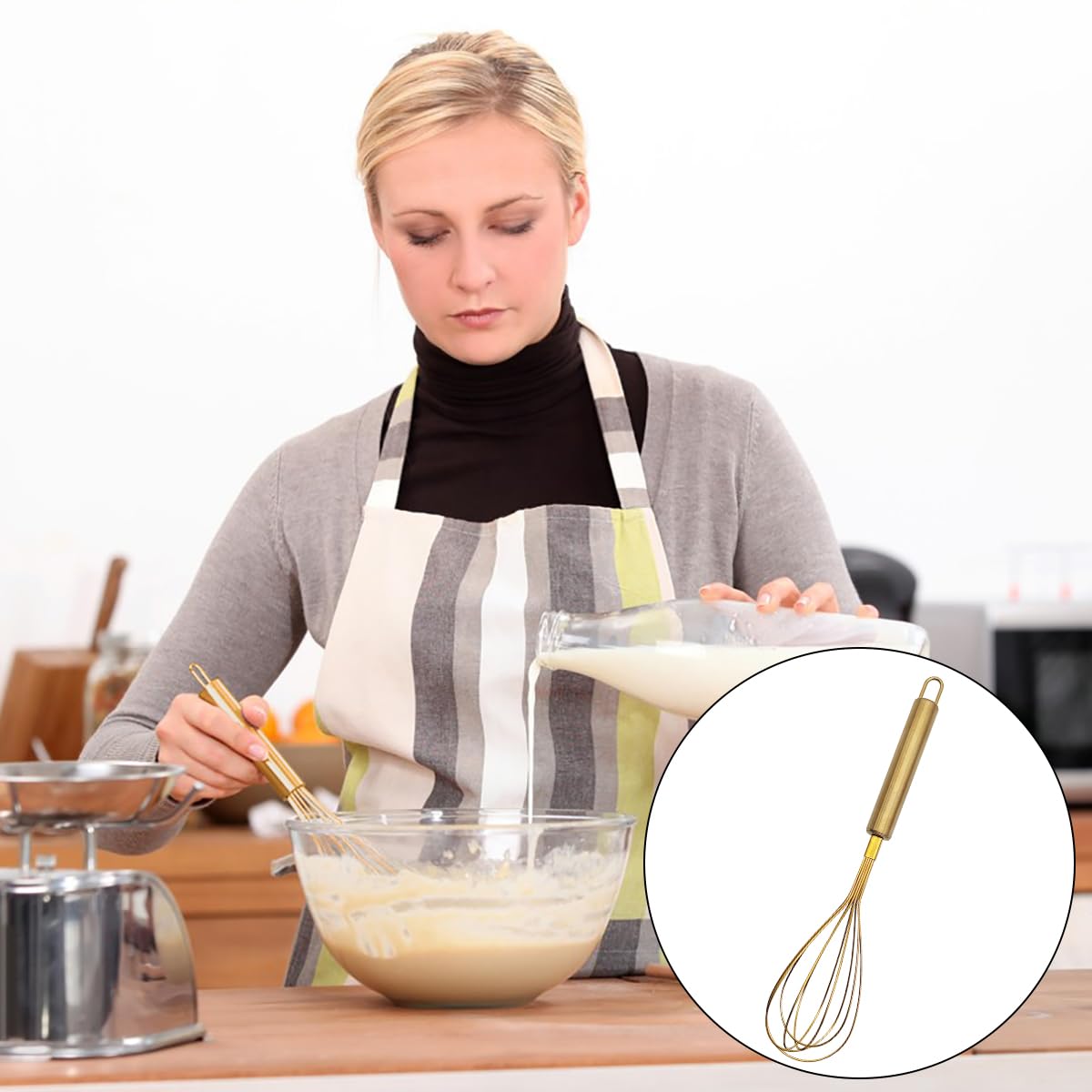Gold Flour Sifter Baking Tool Set, findTop Stainless Steel 4-Piece Kit with 10" Whisk, Dough Scraper & 5 Measuring Spoons, Mirror Polished, Easy to Clean, for Cake Bread Cookie Prep