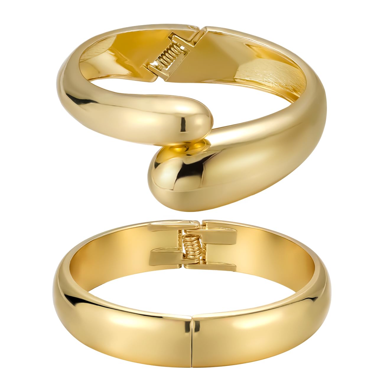Emibele Gold Bangle Cuff Bracelet Stack, Chunky 18K Gold Plated Teardrop Hinged Thick Bangle Bracelet Set, Non Tarnish Gold Bracelets for Women, 2 Pack