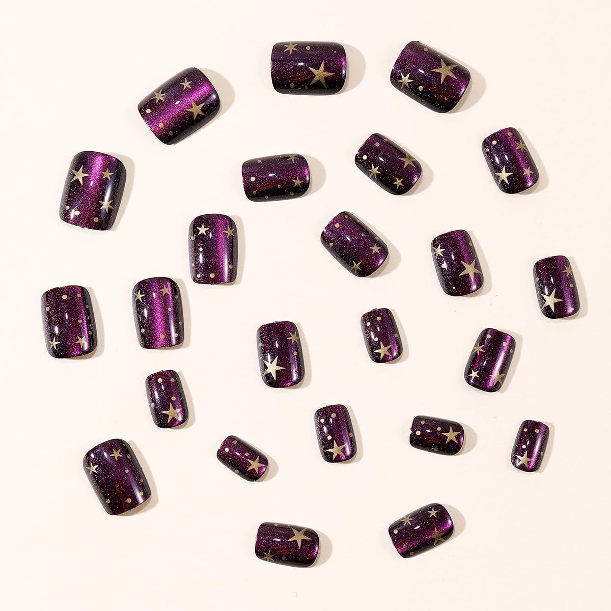 Purple Press on Nails Cat Eyes Short Square Ombre Nails press ons Polka Dot Fake Nails with Gold Star Designs Spring Summer Nails Tips Full Cover Acrylic Reusable Fingernails Stick on Nails for Women