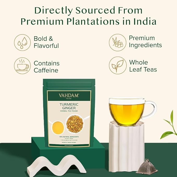 VAHDAM, Turmeric Ginger Herbal Tea (50+ Cups, 3.53oz) Caffeine Free | 100% Pure Herbal Blend - Savory & Spicy | Vacuum Sealed | Direct from Source