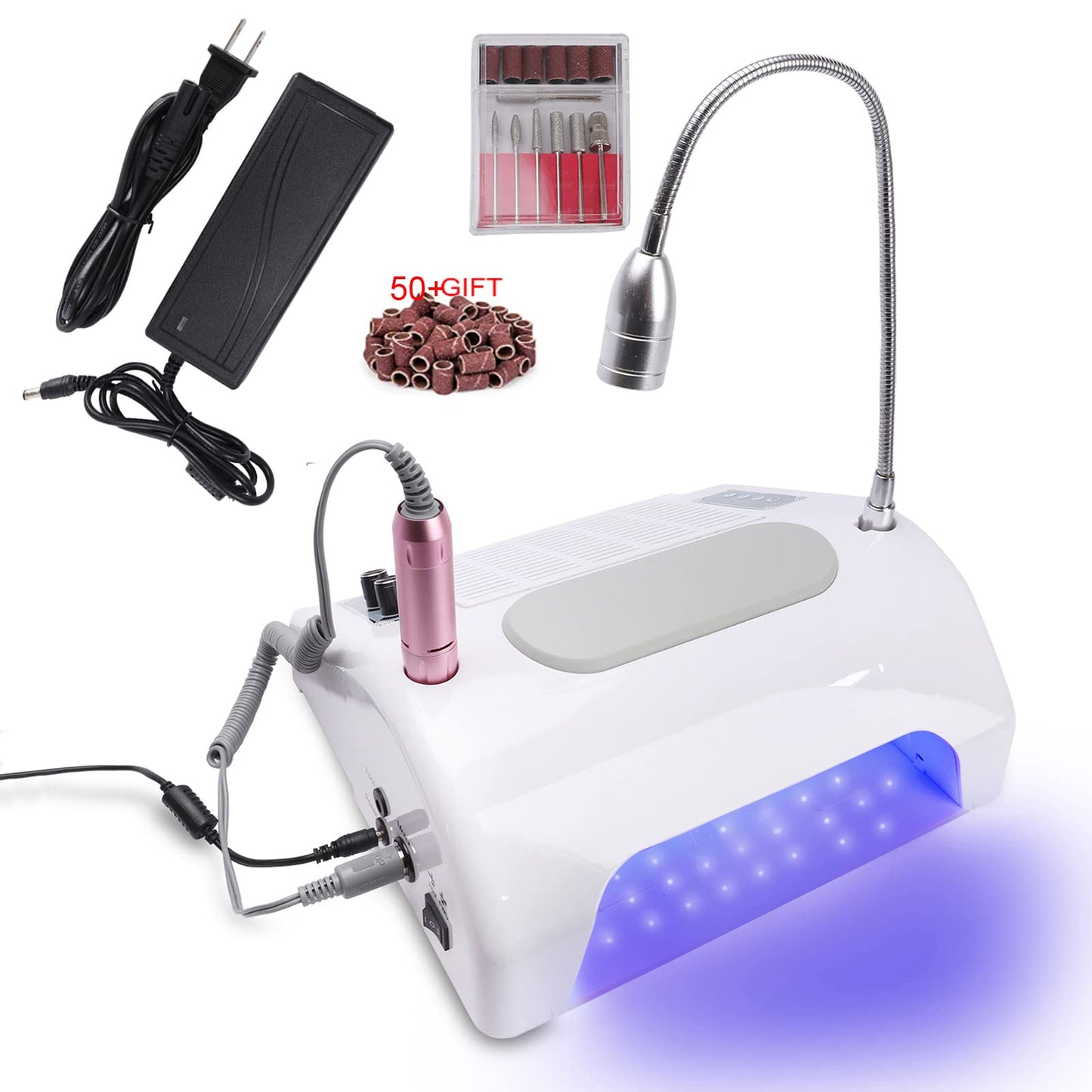 Nail Dust Collector Vacuum Multifunction Nail Art Machine,40W Nail Dust Collector for Acrylic,30000PRM Nail Drill with Bits and Sanding Bands, 48W/96W UV LED Nail Lamp, 6W Table Light, Hand Cushion