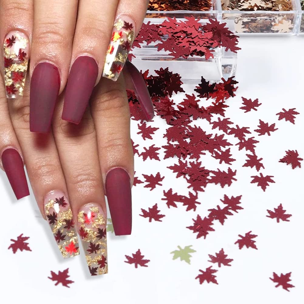 Fall Glitter Nail Sequins Maple Leaf Nail Glitters Flakes Holographic Maple Leaves Nail Glitter Retro Autumn Winter Nail Designs Stickers Decals Nail Decorations Fall Nail Art Tool Accessories 6 Grids