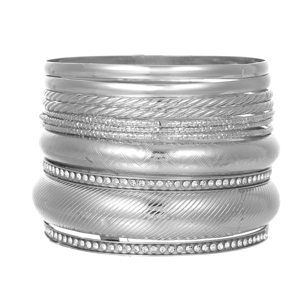RINTOLER 10Pcs Silver Bangle Bracelets Set for Women - Multi Layer Stackable Textured Chunky Silver Bracelets Boho Jewelrys for Women. (H set 9pc Silver)