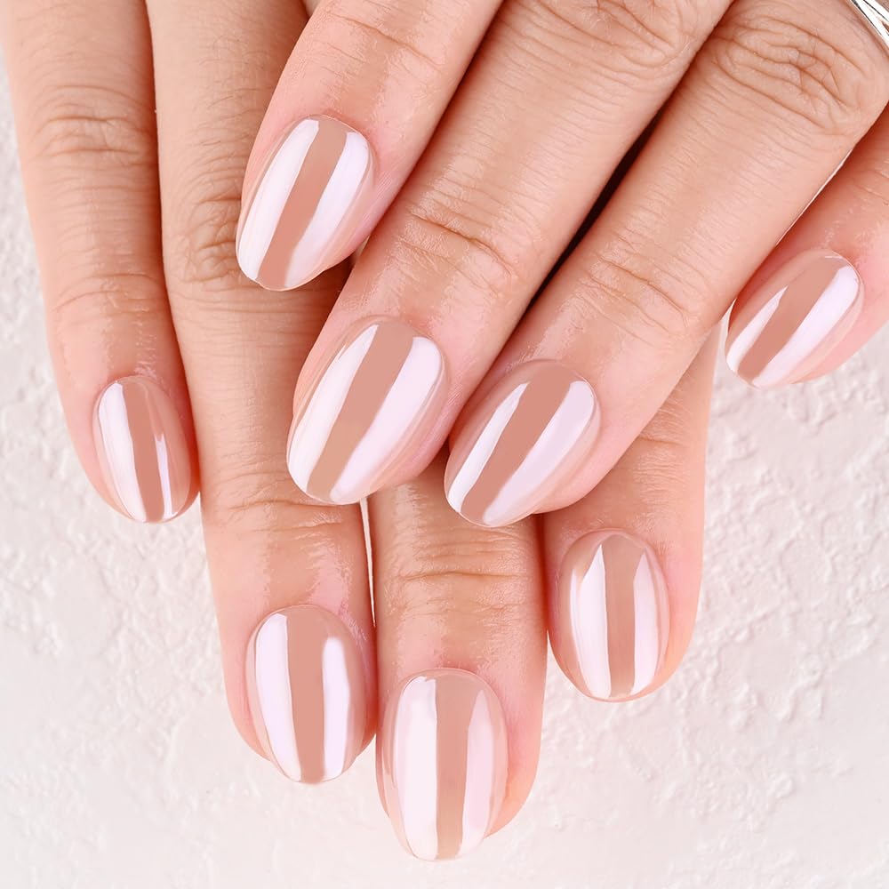 evpct Pale Nude Glazed Press on Nails Short Oval, Short Oval Chrome Metallic Aurora Stick on Nail for Women, Reusable Full Cover Soft Press on Fake Nail Perfectly Fit with Glazed Design Salon Quality