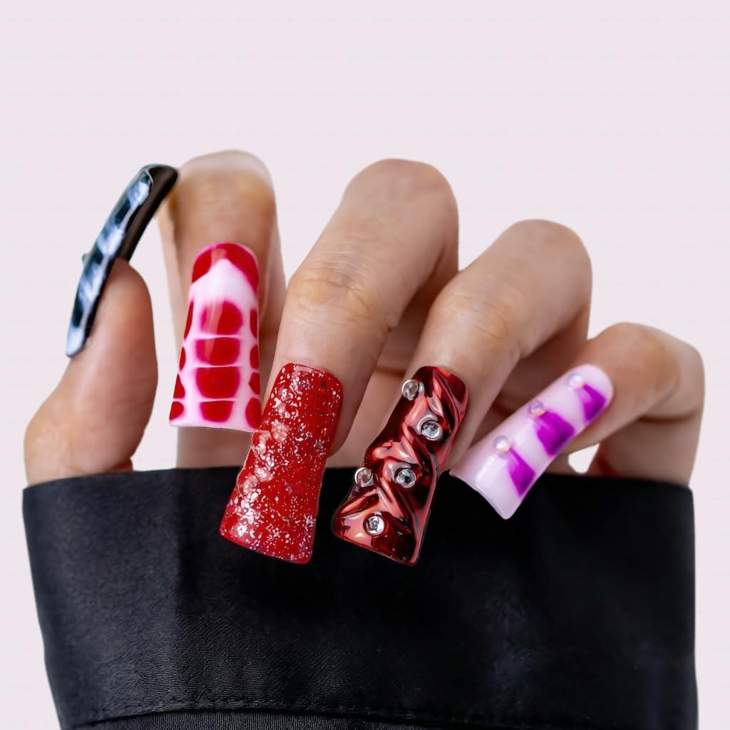 IntoVibes 10 Pieces Candy Pop Mix Long Duck Press On Nails, Multi-Color Y2K Design, Reusable Fake Nails with Mixed Patterns, Reusable Fake Nails, Acrylic Nails (L)