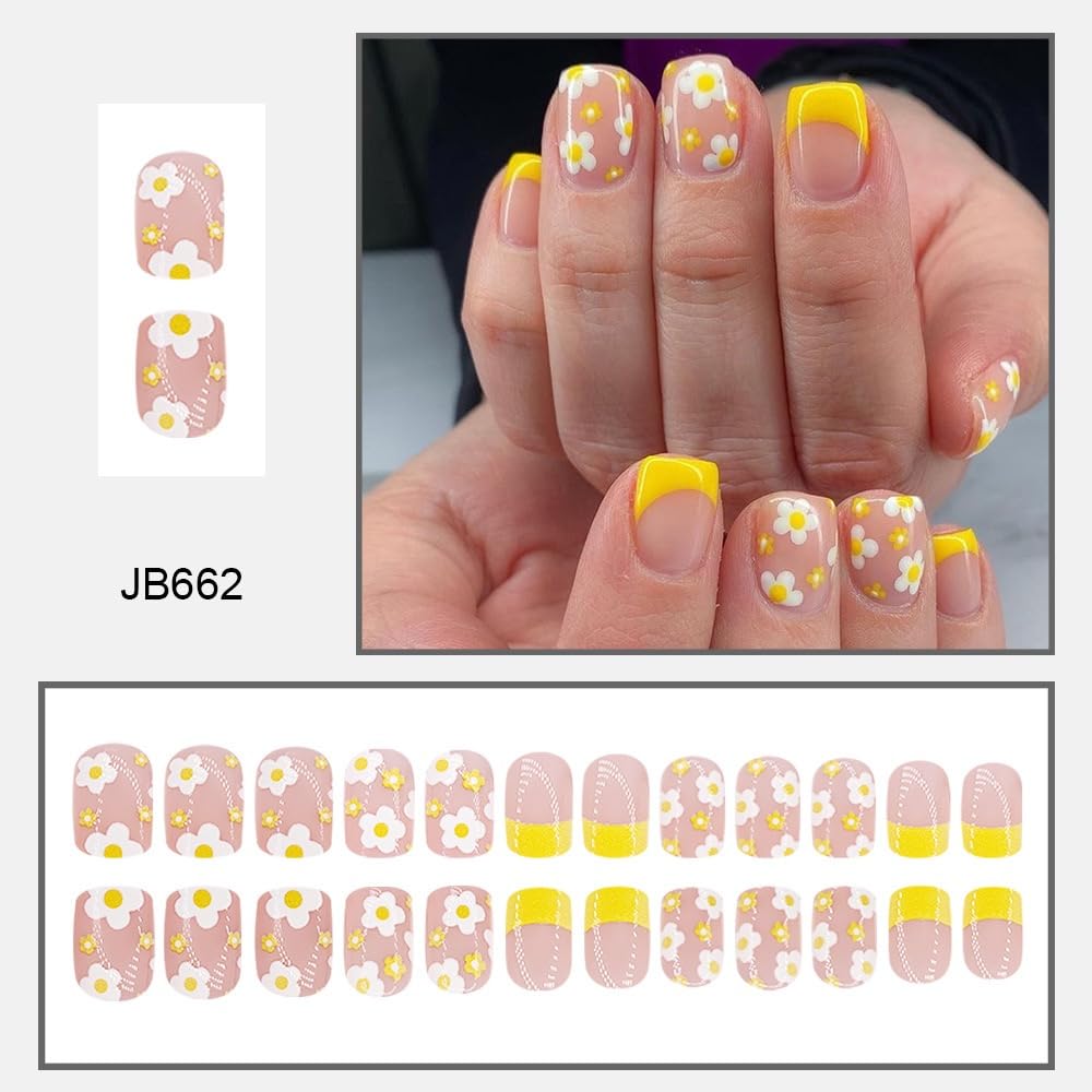 French Tip Press On Nails Short Square Fake Nails Spring False Nails With Flower Design Summer Press Ons Acrylic Full Cover Glue On Nail Stick On Nail For Women Manicure 24pcs
