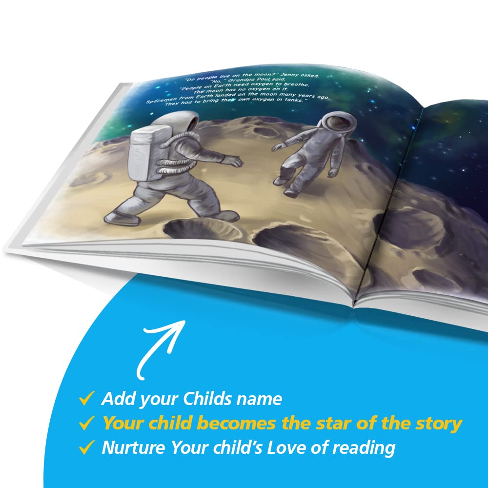 Personalized Story Book by Dinkleboo - Space Adventure - A Story About Your Son or Daughter Going to The Moon - for Children Aged 0 to 8 Years Old - Soft Cover - Smooth, Glossy Finish (8"x 8")