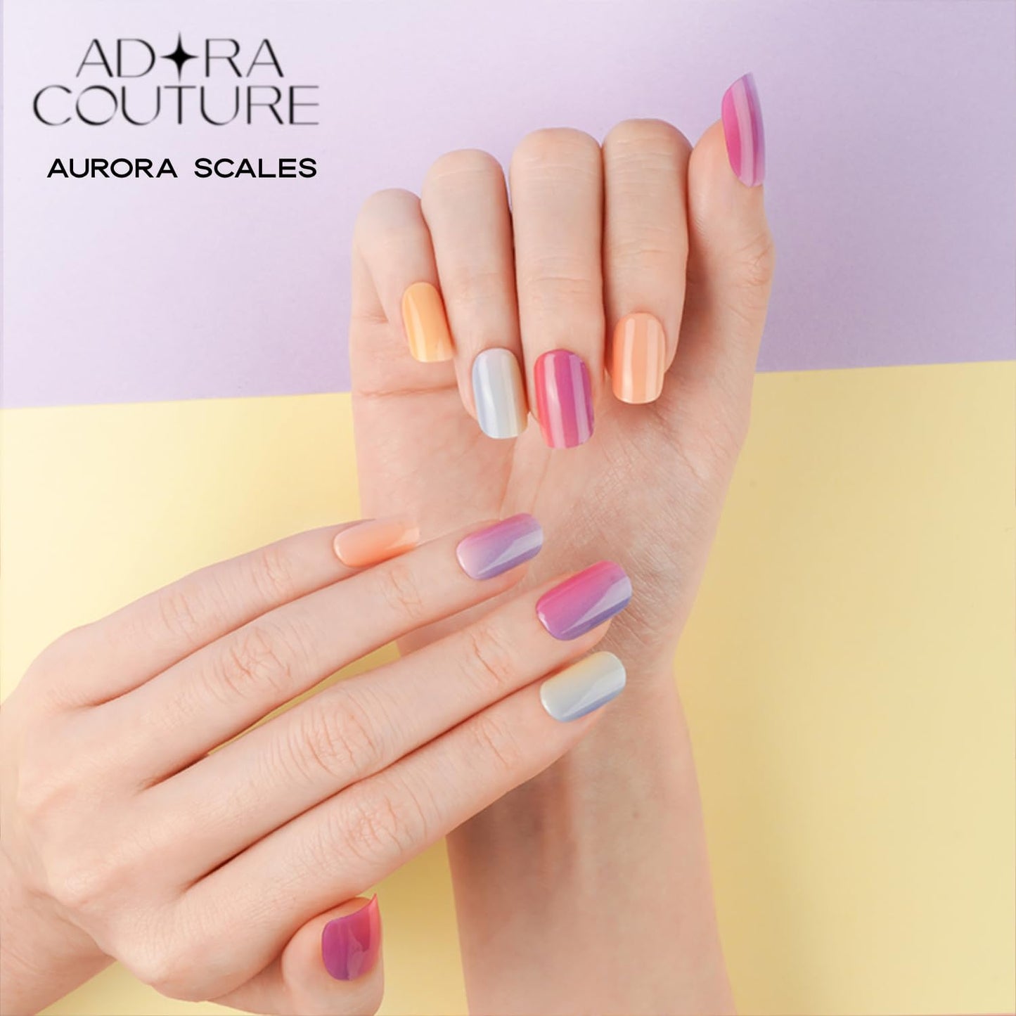 Adora Couture Semi Cured Gel Nail Strips with 20 Pieces - UV Gel Stickers, Manicure Kit, Easy Application Wraps Includes Prep Pads, Nail File, Wooden Stick - UV Light Required (Aurora Scales)