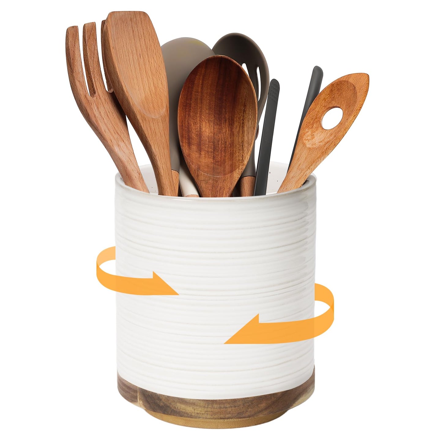 DOWAN 360° Rotating Extra Large Cooking Utensil Holder, 7.6" Kitchen Utensil Holder for Countertop, Utensil Crock for Farmhouse Kitchen Decor, Ceramic Stable Utensil Caddy, Soft White