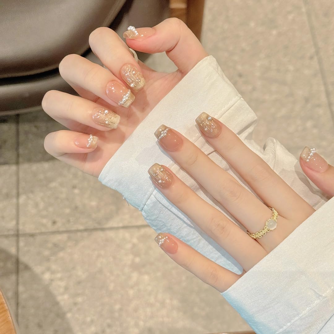 10pcs Short Square Handmade Press On Nails | Elegant Pearl Accent Nude Pink with Glitter Tips,New styles | Skip Salon Trips, Easy to Apply & Remove, Reusable (251104, XS)