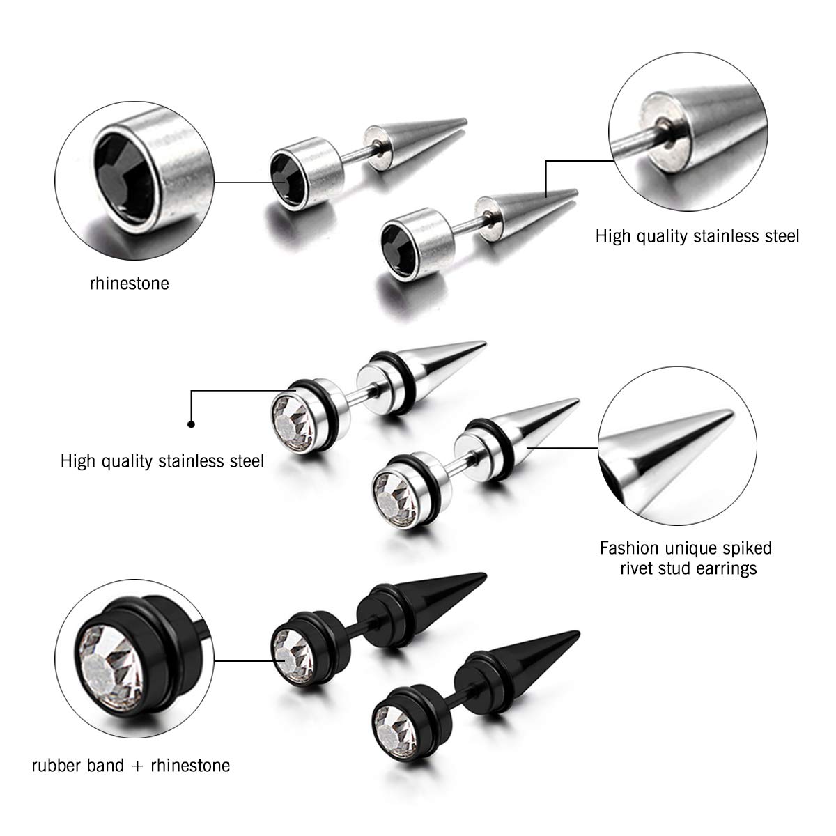 Aroncent 3Pairs Men's Stainless Steel Fake Illusion Tunnel Cheater Piercing Jewelry Stud Earrings Set