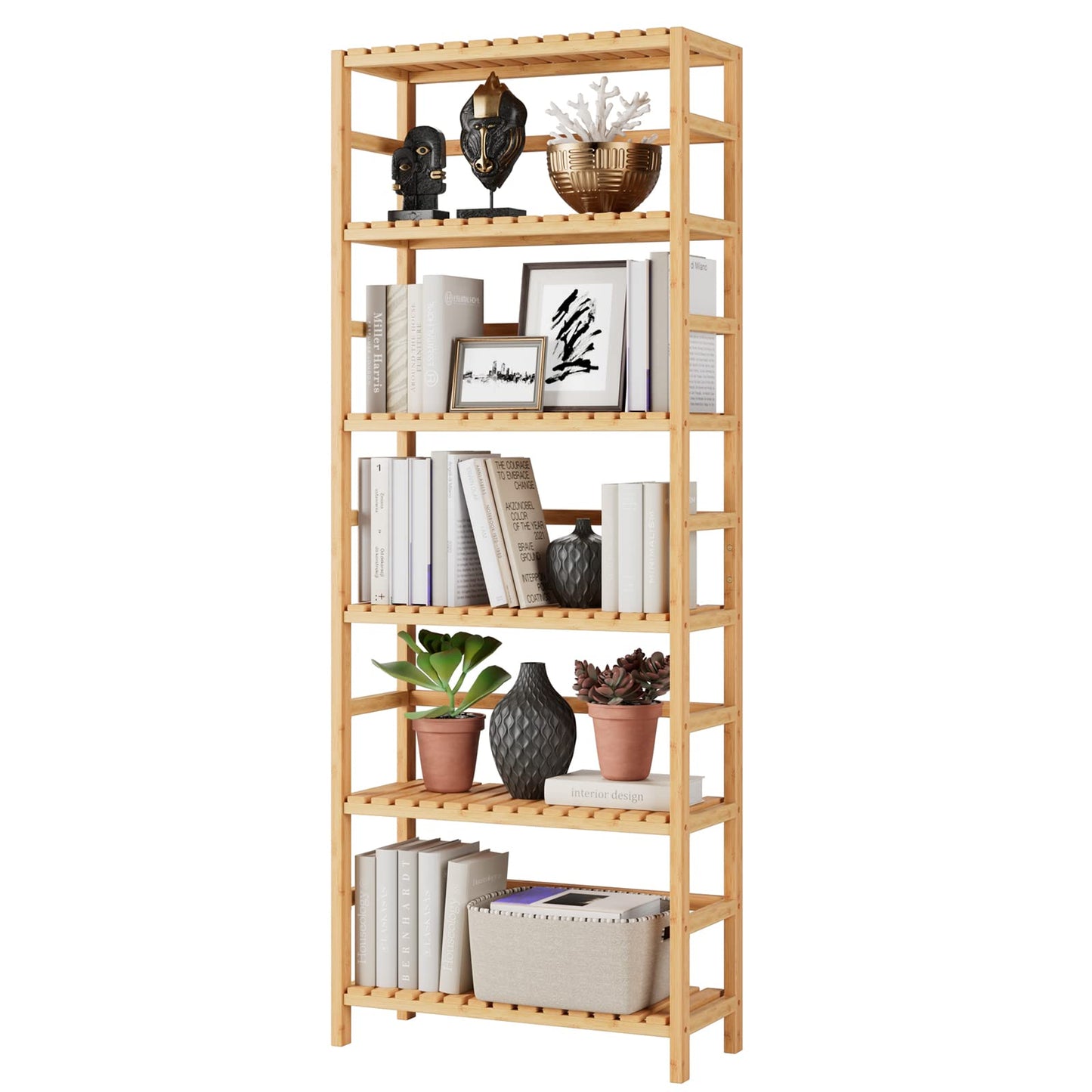 Bamjoy Bamboo Shelf, 6 Tier Bookcase Storage Shelves, Tall Book Rack Shelving Unit, Multipurpose Storage Display Shelf Adjustable Storage Rack for Bathroom Home Office Living Room Kitchen, Natural