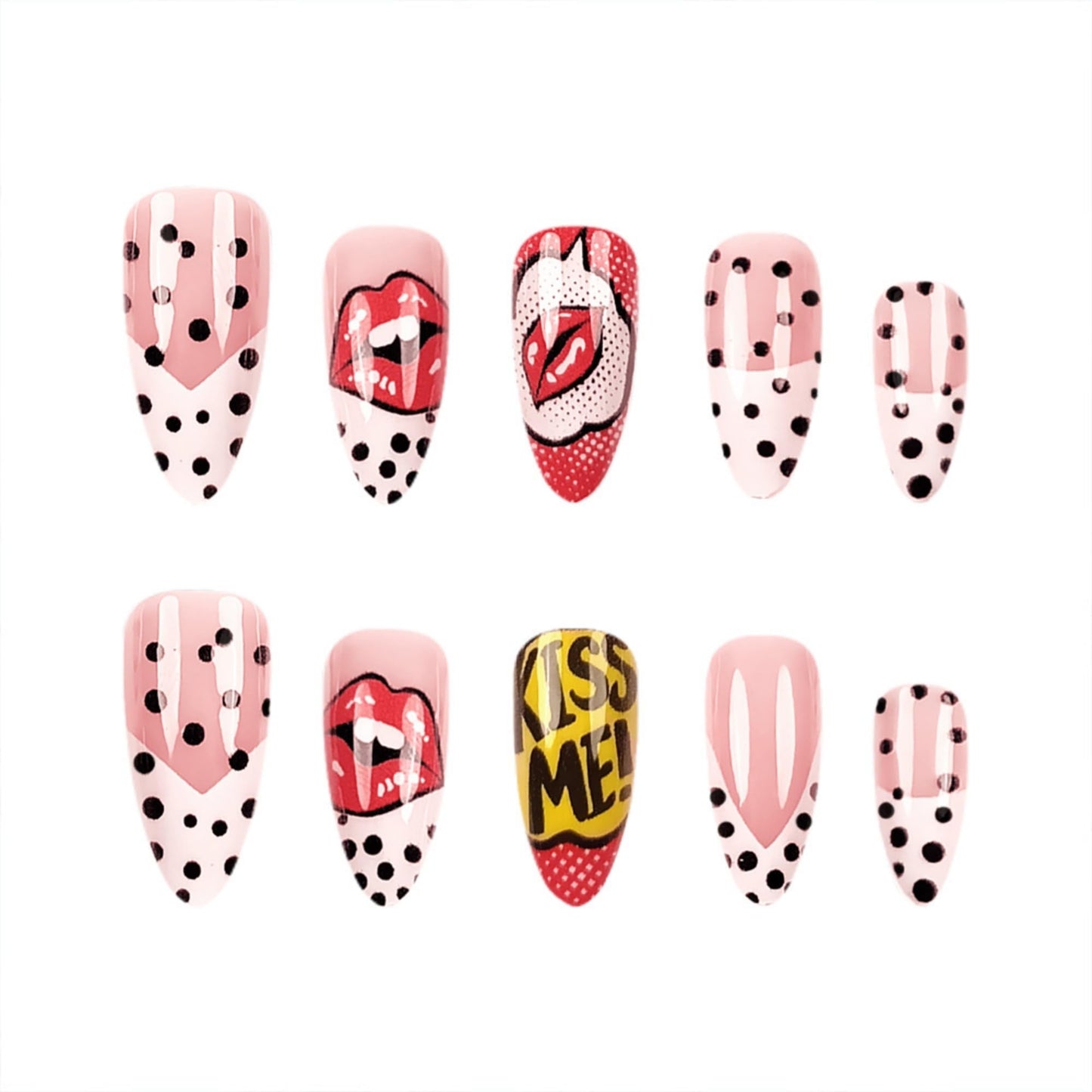 octoswave Long Almond Press on Nails with Romantic Red Lips and Polka Dots Design, Glossy Acrylic Fake Nails for Women Party and Date Night Styling, 24Pcs