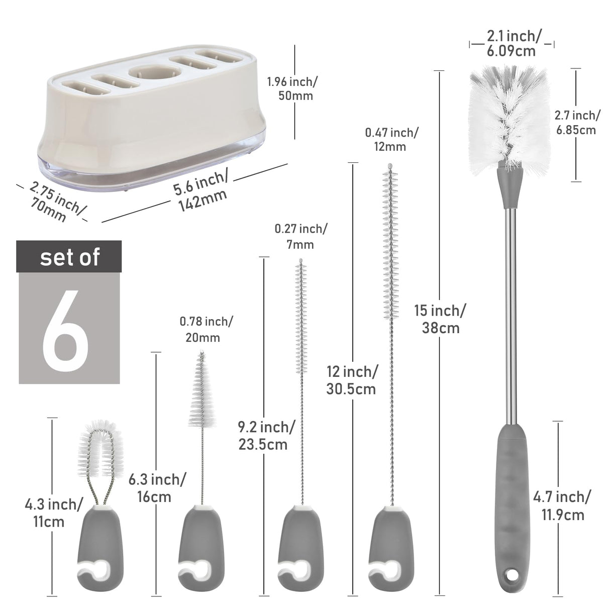 5 Pack Bottle Brush Cleaning Set with Holder