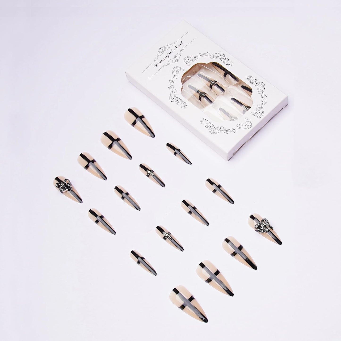 MISUD Press on Nails - Long Stiletto Fake Nails with Goth Black Cross, Acrylic Y2K Charms Design 24 pcs