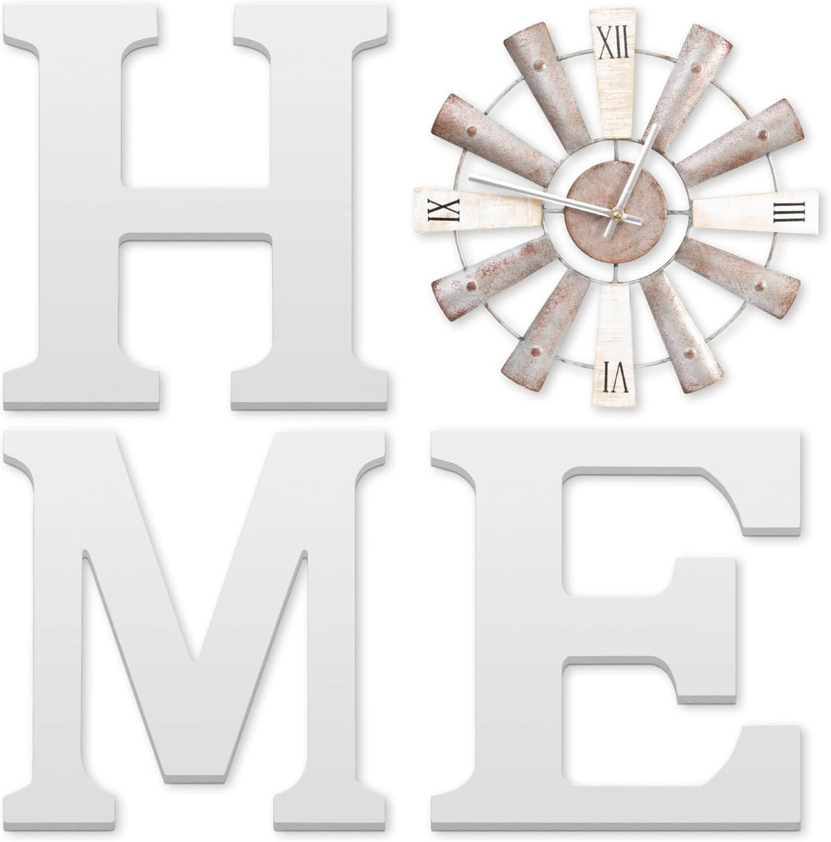 ZAZIWZ Farmhouse Home Signs with Windmill Clock Wall Decor Rustic Home Letters Wall Art for Living Room Kitchen Entryway Dining Room Bedroom (white)