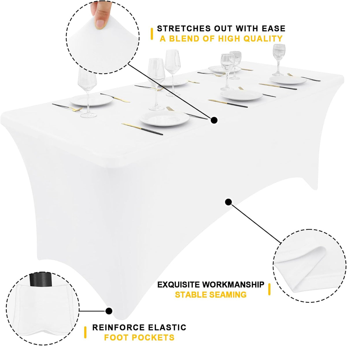 Smiry 2 Pack Spandex Table Cloth 6FT, Elastic Fitted Stretch Tablecloths, Washable and Wrinkle Free Rectangular Patio Table Cover for Outdoor, Wedding, Banquet & Parties (White, 72Lx30Wx30H Inch)