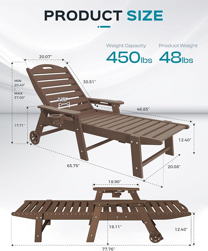 Ciokea Outdoor Lounge Chair Set of 4, All Weather Patio Chaise Lounge Chair for Outside, HDPE Chair with Rolling Wheels & Cup Holder, 5 Position, Deck, Pool, Dark Brown