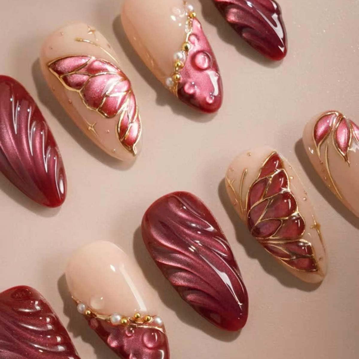 LINMEIZAI 24 Pcs Spring Press on Nails Short Almond Nude Fake Nails Press ons Nail Tips Glossy Butterfly Stick on Nails Acrylic Nail Kit with 3D Leaf & Gold Line Design False Nails Nail Art for Women