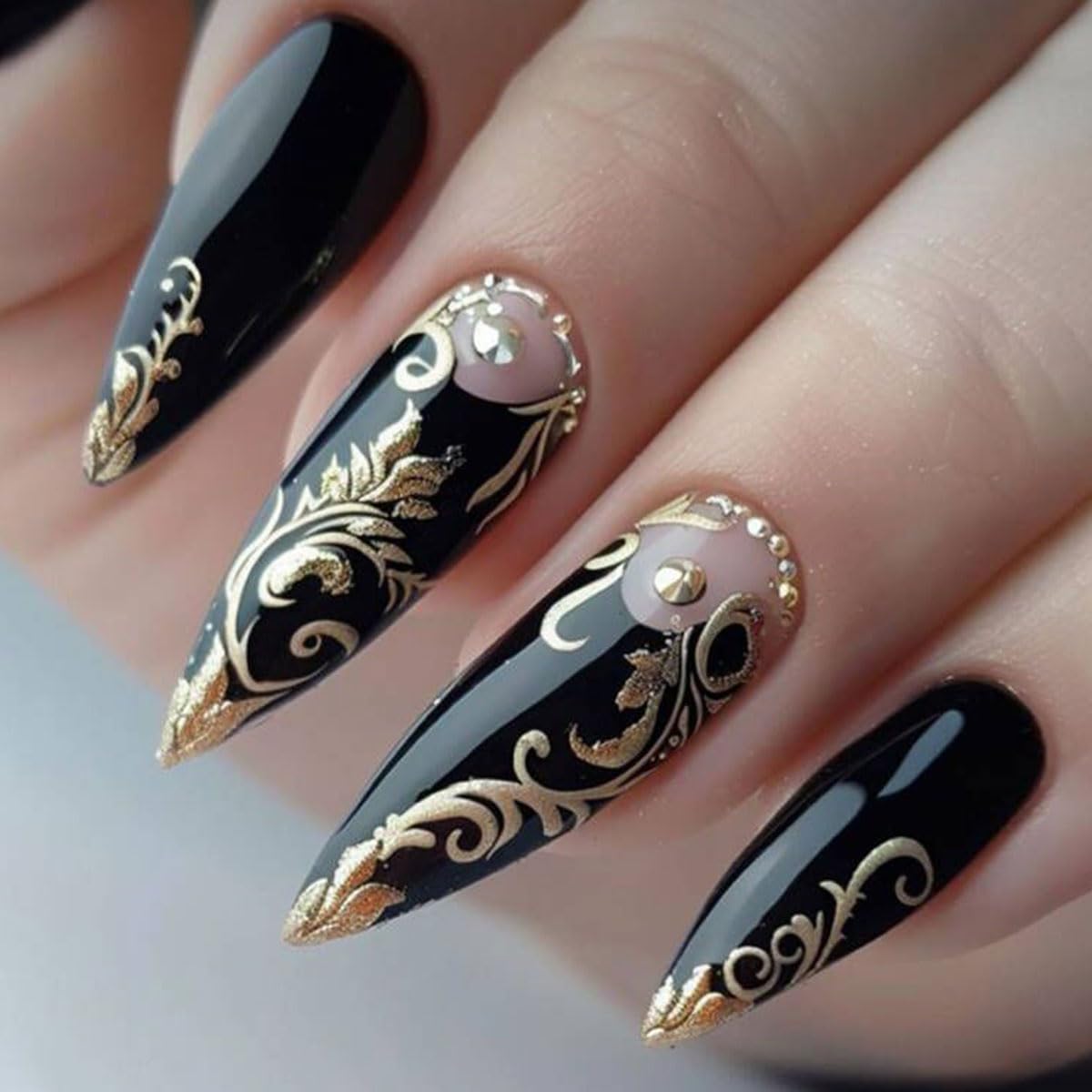Luxurious Black and Gold Baroque 24Pcs Long Stiletto Shape, 3D Golden Filigree & Rhinestone Accents – Elegant Gothic Victorian Style False Nails, Reusable