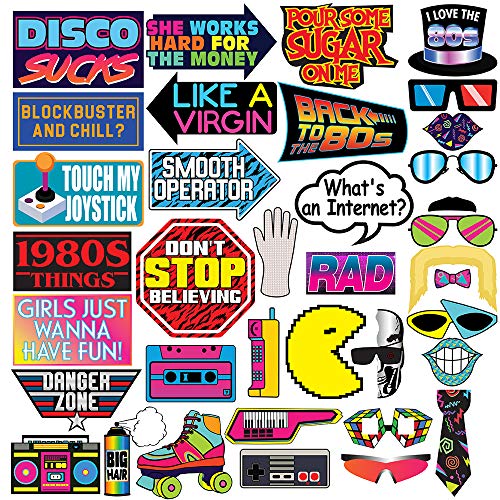 Retro 80s Photo Booth Props - 37 Pieces - Funny 1980s Theme Party Supplies, Decorations and Gifts