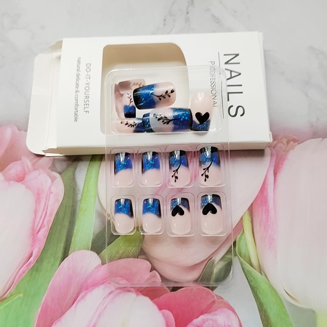 24 Pcs Blue Gradient French Tip Press on Nails Short Square Shaped False Nails Heart Love Pattern Designs Glitter Acrylic Fake Nails Full Cover Glossy Artificial Stick on Nail Women Nail Art DIY