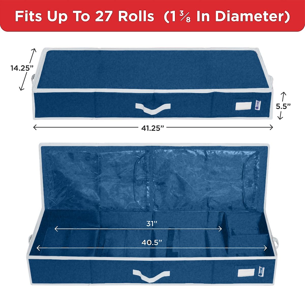 HOLDN’ STORAGE Premium Wrapping Paper Storage Container - Durable 600D Tear-Proof, Fits 27 Rolls Gift Wrap, Extra Pockets for Ribbons & Bows, Underbed Storage - Ideal for Holiday Christmas, Blue